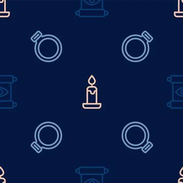 Set line Magic scroll, stone ring and Burning candle on seamless pattern. Vector Stock Illustration