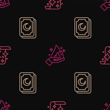 Set line Magic scroll, Tarot cards and Hand holding fire on seamless pattern Stock Illustration