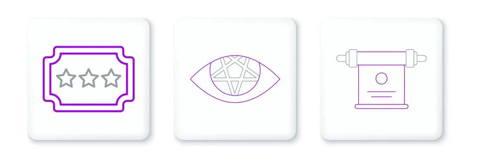 Set line Magic scroll, Ticket and Pentagram icon. Vector Stock Illustration
