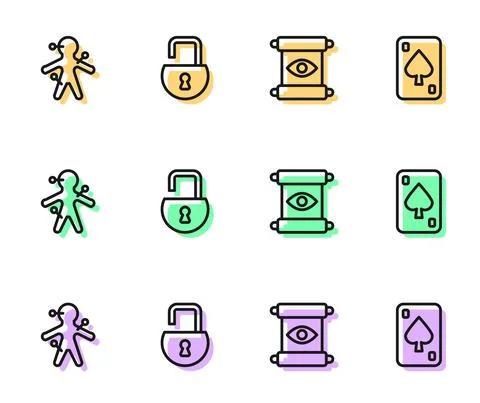 Set line Magic scroll, Voodoo doll, Open padlock and Playing cards icon. Vector Stock Illustration