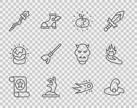 Set line Magic scroll, Witch hat, Poison apple, Zombie hand, staff, Witches.. Stock Illustration