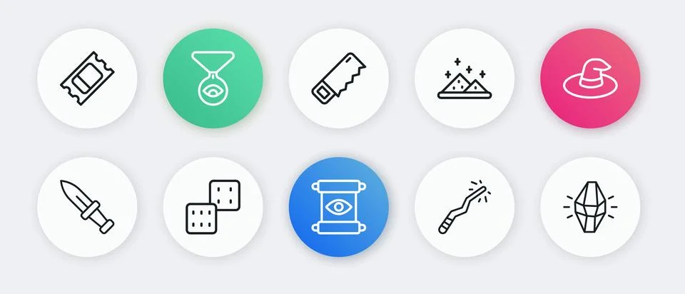 Set line Magic scroll, Witch hat, Dagger, wand, powder, Hand saw, stone and.. Ilustración de archivo