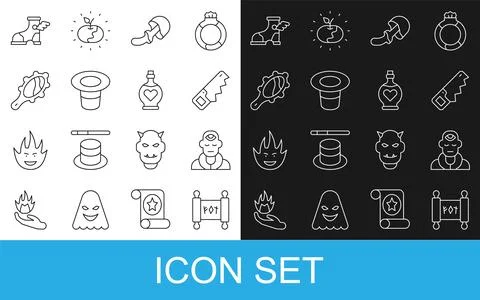 Set line Magic scroll Wizard warlock Hand saw Psilocybin mushroom hat hand mi Stock Illustration