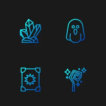 Set line Magic staff, Ancient magic book, stone and Ghost. Gradient color icons Ilustração Stock