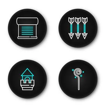 Set line Magic staff, Castle tower, Crossed arrows and Decree, parchment, s.. Stock Illustration