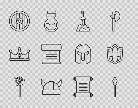 Set line Magic staff, Medieval spear, Sword in the stone, Viking horned hel.. Stock Illustration