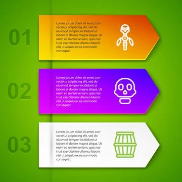 Set line Magic staff, Skull and Gun powder barrel. Business infographic tem.. Stock Illustration
