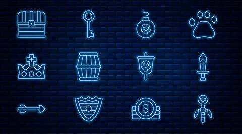 Set line Magic staff, Sword for game, Bomb ready to explode, Gun powder barre 库存插图