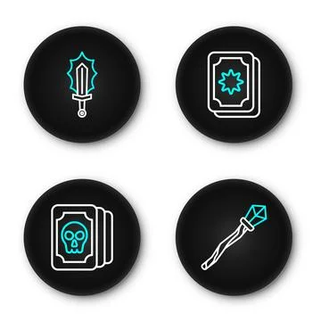 Set line Magic staff, Tarot cards,  and sword in fire icon. Vector Stock Illustration