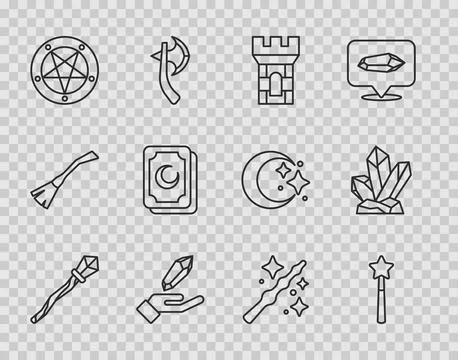 Set line Magic staff, wand, Castle tower, stone, Pentagram in circle, Tarot.. Stock Illustration