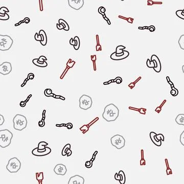 Set line Magic staff, Witch hat, runes and Witches broom on seamless pattern Stock Illustration
