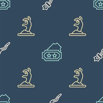 Set line Magic staff, Zombie hand and Ticket on seamless pattern. Vector 库存插图