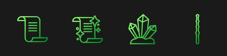 Set line Magic stone, Ancient magic book, and wand. Gradient color icons. Vector Ilustração Stock