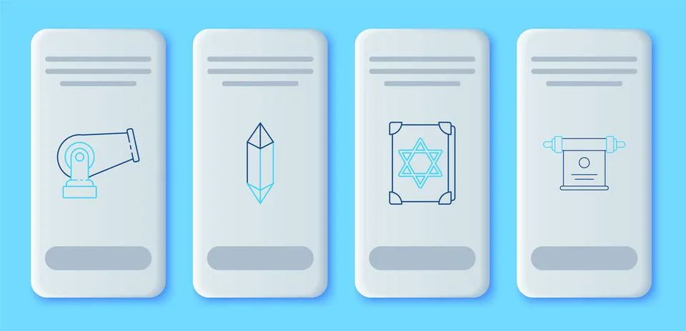 Set line Magic stone, Ancient magic book, Cannon and scroll icon. Vector Stock Illustration
