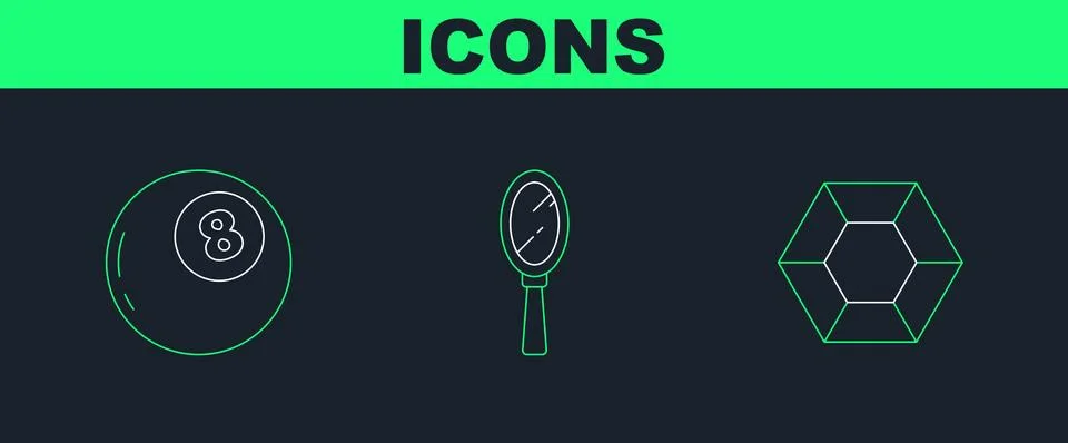 Set line Magic stone, ball of predictions and hand mirror icon. Vector Illustrazione stock