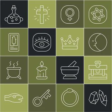 Set line Magic stone, Bottle with potion, Moon, Venus, Masons, Tarot cards Ilustração Stock