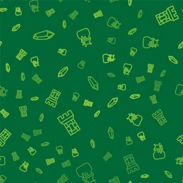 Set line Magic stone, Castle tower and Witch cauldron on seamless pattern Stock Illustration