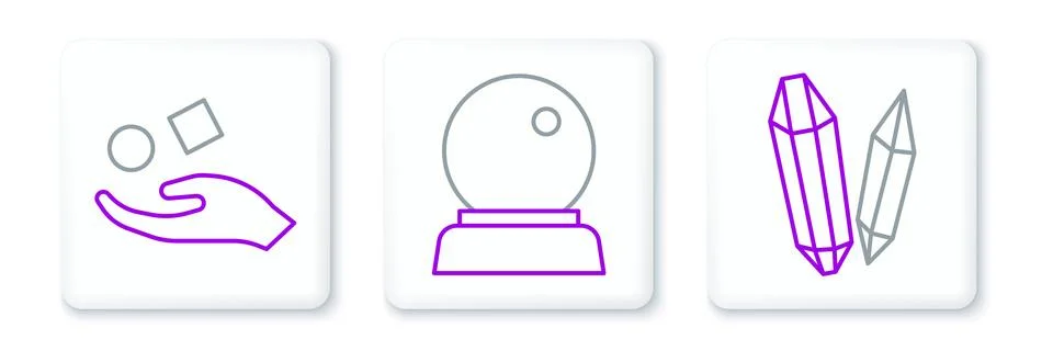 Set line Magic stone, Cube levitating above hand and ball icon. Vector 스톡 일러스트