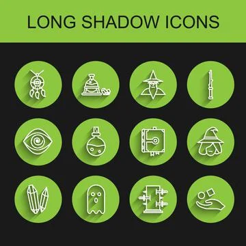 Set line Magic stone, Ghost, Dream catcher with feathers, Trunk for magic tricks Stock Illustration