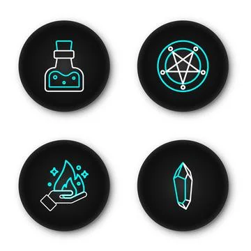 Set line Magic stone, Hand holding fire, Pentagram circle and Bottle with p.. Stock Illustration