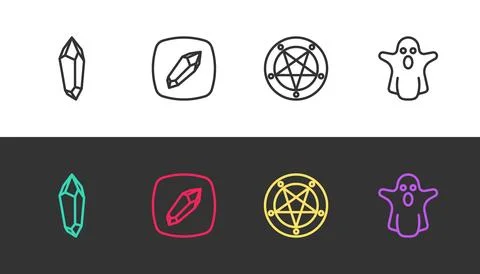 Set line Magic stone, Pentagram in circle and Ghost on black and white. Vecto Stock Illustration