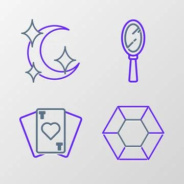 Set line Magic stone, Playing cards, hand mirror and Moon stars icon. Vector Stock Illustration