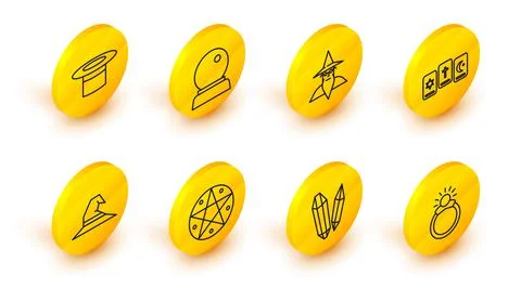 Set line Magic stone ring with gem, Pentagram circle, Witch hat, Three tarot 스톡 일러스트