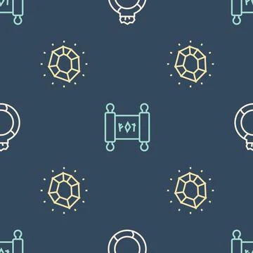 Set line Magic stone ring with gem, and scroll on seamless pattern. Vector Stock Illustration