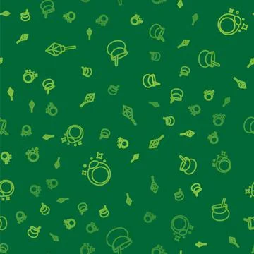 Set line Magic stone, ring and Witch cauldron on seamless pattern. Vector Stock Illustration