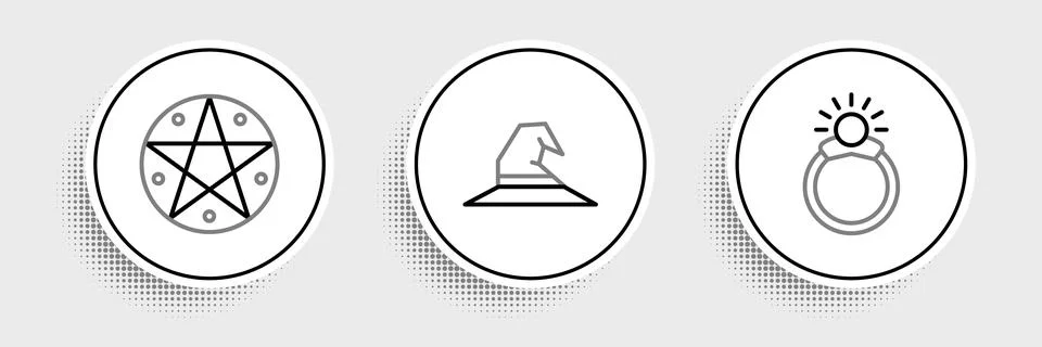 Set line Magic stone ring with gem, Pentagram circle and Witch hat icon. Vector Stock Illustration