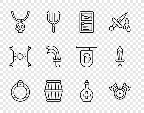 Set line Magic stone ring, Medieval shield with axe, Card game collection, Gun Stock Illustration