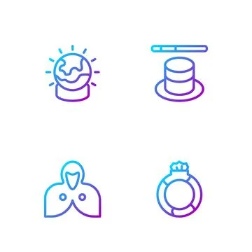 Set line Magic stone ring with gem, Mantle, cloak, cape, ball and hat and wand Ilustración de archivo