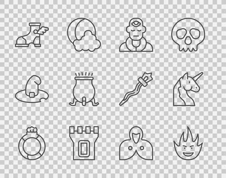 Set line Magic stone ring with gem, Fire flame, Wizard warlock, Castle tower Ilustración de archivo