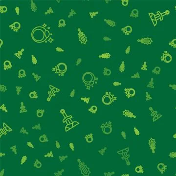 Set line Magic stone ring, Sword the and sword fire on seamless pattern. Vect Stock Illustration