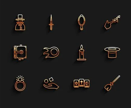 Set line Magic stone ring with gem, Cube levitating above hand, Magician, T.. Illustrazione stock