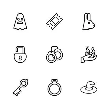 Set line Magic stone ring, Hand holding fire, Witch hat, Handcuffs, Rabbit .. Ilustração Stock