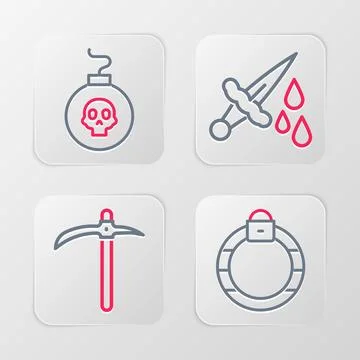Set line Magic stone ring, Pickaxe, Sword with blood and Bomb ready explode.. Stock Illustration