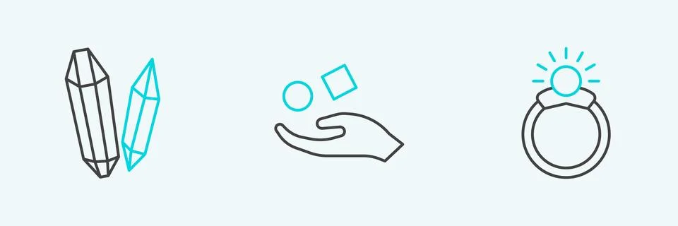 Set line Magic stone ring with gem,  and Cube levitating above hand icon. V.. Stock Illustration