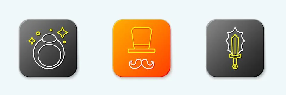 Set line Magic stone ring, Magician and sword fire icon. Vector イラスト素材
