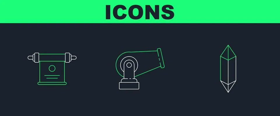 Set line Magic stone, scroll and Cannon icon. Vector 스톡 일러스트