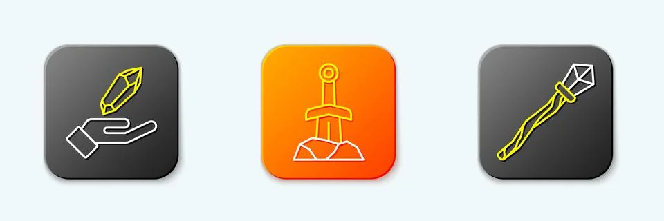 Set line Magic stone, Sword in the and staff icon. Vector Illustrazione stock