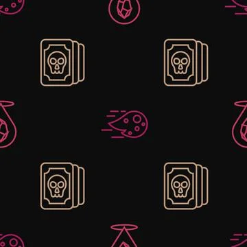 Set line Magic stone, Tarot cards and Fireball on seamless pattern. Vector 스톡 일러스트