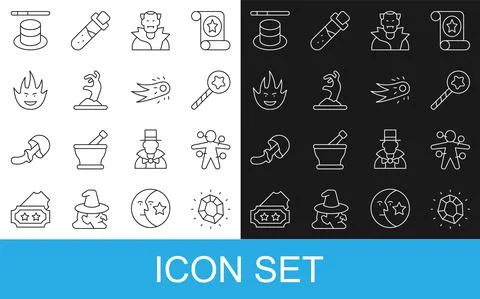 Set line Magic stone, Voodoo doll, wand, Vampire, Zombie hand, Fire flame, hat Ilustração Stock
