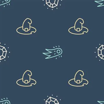 Set line Magic stone, Witch hat and Fireball on seamless pattern. Vector Stock Illustration