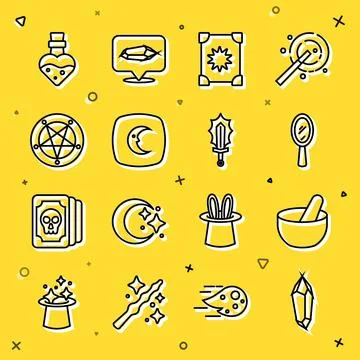 Set line Magic stone, Witch cauldron, hand mirror, Ancient magic book, Moon Stock Illustration