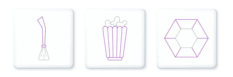Set line Magic stone, Witches broom and Popcorn in box icon. Vector Stock Illustration