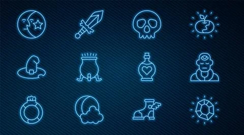 Set line Magic stone, Wizard warlock, Skull, Witch cauldron, hat, Moon and .. Stock Illustration