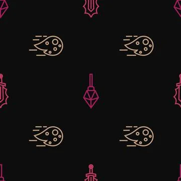 Set line Magic sword in fire, Fireball and stone on seamless pattern. Vector Stock Illustration