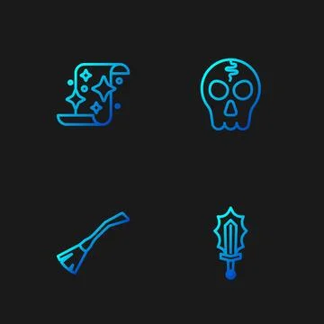 Set line Magic sword in fire, Witches broom, scroll and Skull. Gradient color Illustrazione stock