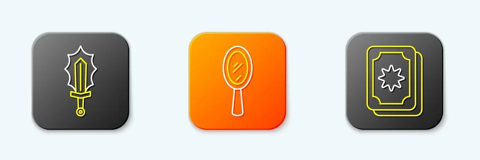 Set line Magic sword in fire, hand mirror and Tarot cards icon. Vector Stock Illustration